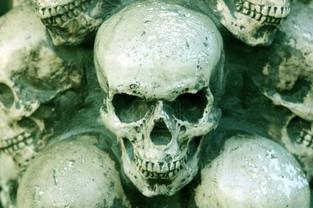 Téléchargez les photos : Photo de crânes sur fond d'autres crânes rappelant la mort sous forme de crâne ou la peur de la mort avec le crâne - en image libre de droit
