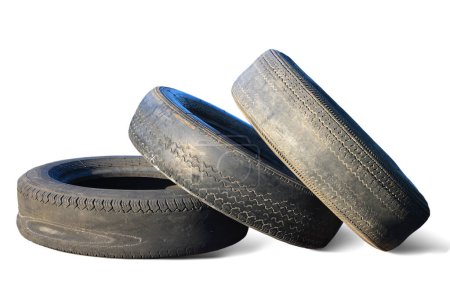 Photo for Old worn damaged tires isolated on white background as pattern of damaged tires for advertising tire shop or car tire shop - Royalty Free Image
