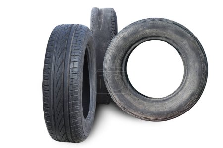 old worn damaged tires isolated on white background as pattern of damaged tire for advertising tire shop or car tire shop