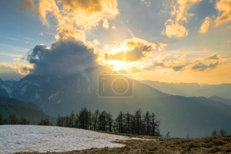 Photo for Idyllic panoramic in the Alps with fresh green meadows, pine forest and mountain tops in the background - Royalty Free Image