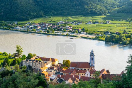 Panorama of Wachau valley with Danube river near Duernstein village in Lower Austria. Traditional wine and tourism region, Danube cruises.