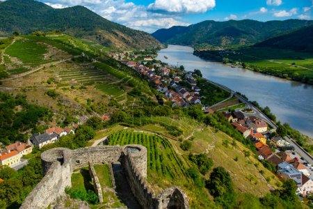 View from castle Hinterhaus in Spitz Wachau Austria with Danube river and vineyards