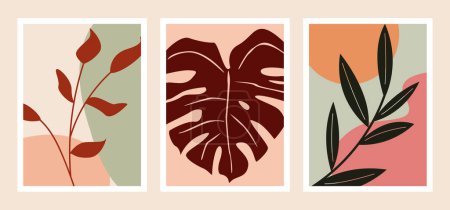 Téléchargez les illustrations : Ensemble de peintures à l'huile décoratives de plantes, de feuilles de plantes tropicales, de monstères et de palmiers - en licence libre de droit