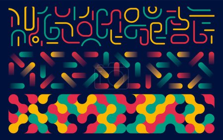 Ilustración de Conjunto de patrones vectoriales coloridos, pancartas con texturas y patrones amarillos, rojos y verdes sobre fondo azul, líneas de esferas y gradiente - Imagen libre de derechos