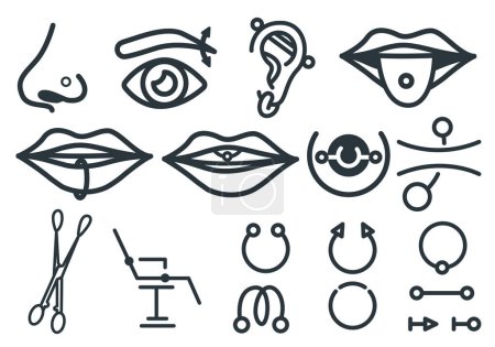 Illustration for Minimalist icons of piercing, body modifications and piercing and tattoo studio - Royalty Free Image