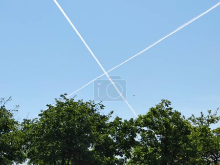 Photo for Trace from the planes in the form of a cross in the sky above the park. - Royalty Free Image
