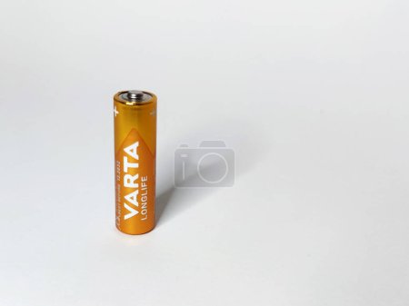 Photo for Varna, Bulgaria - March, 11, 2023: one Varta battery on a white background, copy space - Royalty Free Image