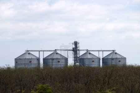 industrial grain silos for agriculture in a rural landscape.