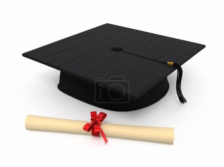 Foto de Tapa de graduación y renderizado del diploma (aislado en blanco y camino de recorte) - Imagen libre de derechos