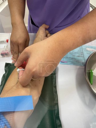 Photo for Close-up view of a healthcare worker performing a blood draw on a patient, showcasing the precision and care taken during the procedure. - Royalty Free Image