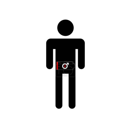 Une silhouette noire minimaliste d'un homme avec une icône de batterie basse positionnée à la taille, symbolisant une dysfonction érectile ou une faible énergie liée à des problèmes de santé masculine. 