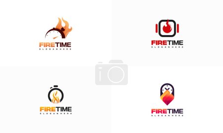 Téléchargez les illustrations : Ensemble de logo Fire Watch conçoit vecteur de concept, chronomètre avec icône de logo de symbole de feu - en licence libre de droit