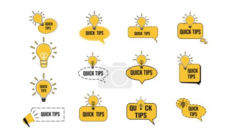 Illustration for Set of Quick tips with lightbulb, helpful tricks vector logos, emblems and banners vector set isolated. Helpful idea, solution and trick illustration - Royalty Free Image