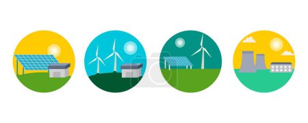 Illustration for Renewable power plants station resources, Electricity generation source types. Energy mix solar, water, fossil, wind, coal, gas, geothermal and biomass. - Royalty Free Image