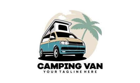 RV camper van classic style logo vector ilustración, camper van con pop-up - techo superior tienda ilustración logo diseño