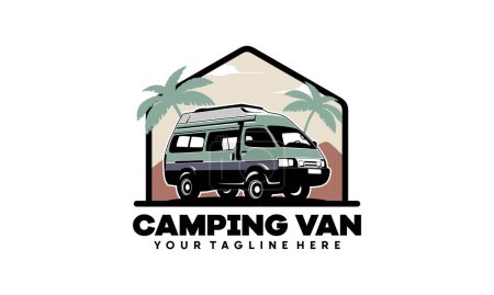 RV camper van classic style logo vector ilustración, Perfecto para RV con palmera, Tema de verano