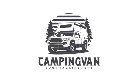 Illustration for RV camper van classic style logo vector illustration, camper truck with roof top tent and pine forest illustration logo vector - Royalty Free Image