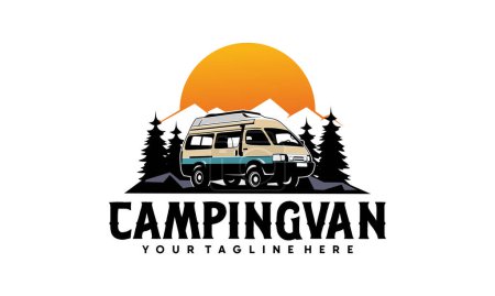 Illustration for RV camper van classic style logo vector illustration, Perfect for RV with Sun and pine forest - Royalty Free Image