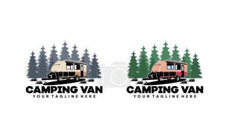 Conjunto de RV camper van estilo clásico logotipo vector ilustración, perfecto para RV con bosque de pino