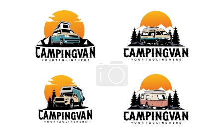 Conjunto de RV camper van estilo clásico logotipo vector ilustración, perfecto para RV con sol y bosque de pino
