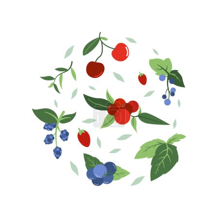 Illustration for Wild berries fresh and ripe tasty healthy food with leaves vector flat style illustration isolated over white, delicious vegetation diet eating, nature gifts. - Royalty Free Image