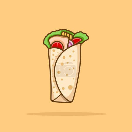 Téléchargez les illustrations : Illustration vectorielle d'icône de contour plat sandwich Shawerma. Kebab envelopper l'icône du blé dur - en licence libre de droit