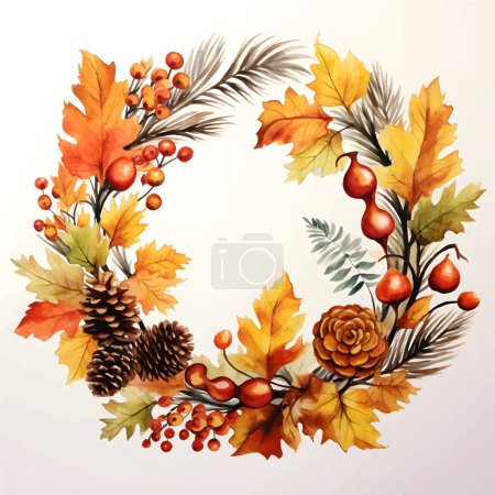 Illustration for Vector wreath of autumn leaves and fruit in watercolor style. Beautiful round wreath of yellow and red leaves, acorns, berries, cones and branches. Decor for invitations, greeting cards, posters. - Royalty Free Image