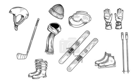 Illustration for Illustrations of winter sport. Scarf, gloves, ski and others. Winter sport ski and snowboard, helmet and skates vector - Royalty Free Image
