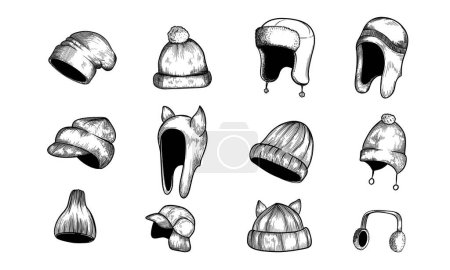 Illustration for Hand drawn winter hats. Set of different knitted hat with pom pom and ear flap, fisherman beanie, sport cap headwear sketch vector warm christmas fur headphones and caps set - Royalty Free Image
