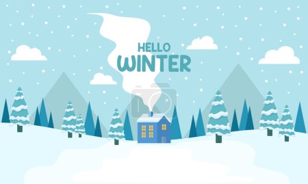 Illustration for Cute winter landscape. Winter banner. Lovely houses in a snowy valley. Horizontal landscape. Winter Cabin Illustration - Royalty Free Image