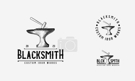 Illustration for Hand drawn Blacksmith anvil badge vintage logo. Iron works, metal works retro hipster logo - Royalty Free Image