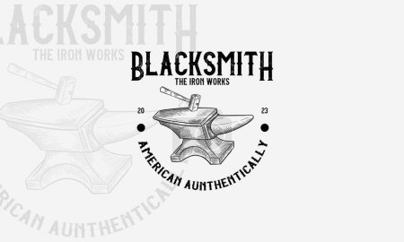 Illustration for Hand drawn Blacksmith anvil badge vintage logo. Iron works, metal works retro hipster logo - Royalty Free Image