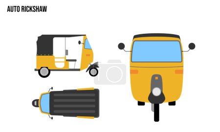 Téléchargez les illustrations : Auto Rickshaw Illustration de design plat, Véhicules Publics, vue de dessus, vue de côté, vue de face, isolé par fond blanc - en licence libre de droit