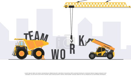 Ilustración de Trabajo en equipo construir banner web o impresión crear por vehículo pesado aislado por color blanco - Imagen libre de derechos