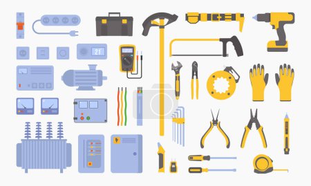 Illustration for Electrician tools set. Vector illustrations of equipment for electric power control and repair. Cartoon multimeter and voltmeter, cables, wires isolated on white. Hardware, maintenance service concept - Royalty Free Image