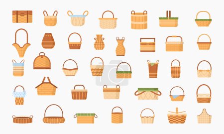 Illustration for Basket set vector illustration. Cartoon isolated wooden, bamboo and straw empty basket collection with hampers of different shape, boxes for laundry storage and picnic, bags with handles for market - Royalty Free Image