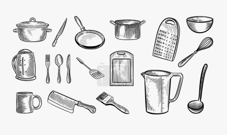 Küchenutensilien. Skizze Kochutensilien. Pfanne, Messer und Gabel, Löffel und Schüssel, Tasse und Glas, Schneidebrett Doodle Retro Vector Home Dinner Geschirr Set