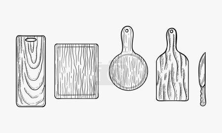 Vector illustration of wooden cutting and serving boards for meat, vegetables and pizza. Chefs knife. Vintage hand drawn engraving style.