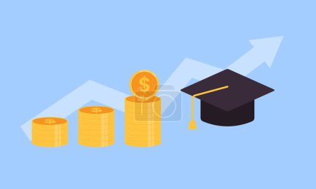 Illustration for Education fund for college, saving for school or university tuition fee, study cost or training expense concept, young woman insert money coin into mortarboard saving box while holding degree scroll. - Royalty Free Image