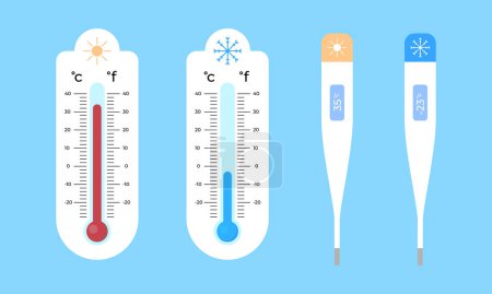 Ilustración de Termómetros de meteorología Vector Celsius y Fahrenheit para medir el calor y la temperatura fría del invierno. Icono de termómetro en estilo plano. Escala de temperatura para la previsión de medición meteorológica o médica. - Imagen libre de derechos