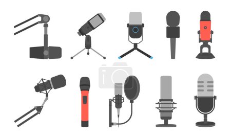 Microphones vectoriels de microphone pour la radiodiffusion de podcast audio ou la technologie d'enregistrement de musique ensemble d'illustration d'équipement de concert de radiodiffusion isolé sur fond blanc
