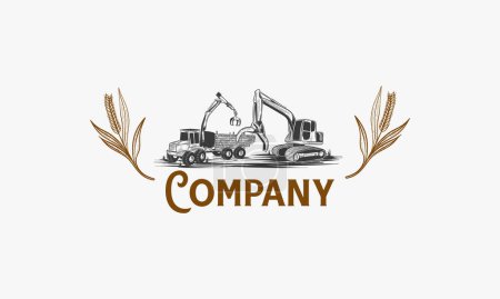 remolcadores de cosecha dibujados a mano Agricultura y camiones, plantilla de logotipo del contratista de cosecha