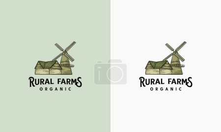 Logo du concept de ferme dessiné à la main. Modèle avec paysage agricole. Étiquette pour produits agricoles naturels.