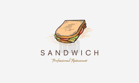 Téléchargez les illustrations : Logo Sandwich dessiné à la main. modèle de logo sandwich vintage - en licence libre de droit