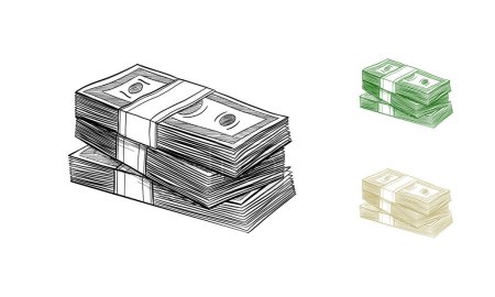 Una pila de dinero. Billetes de dólar. Ilustración vectorial dibujada a mano. Aislado.