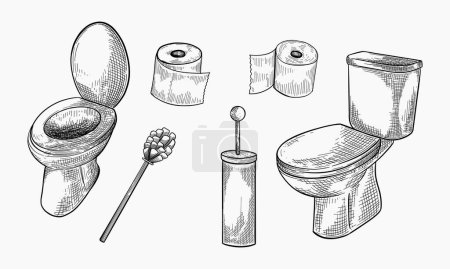 Doodle style bathroom objects illustration including toilet and paper in vector format.
