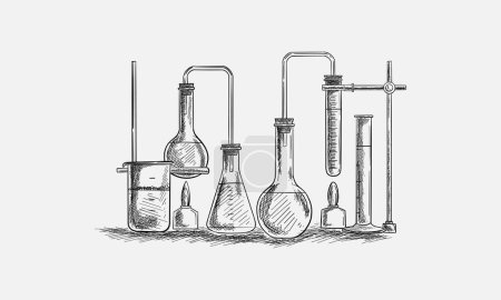 Laboratorio químico bodegón bosquejo estilo vector ilustración. Grabado a mano antigua imitación
.
