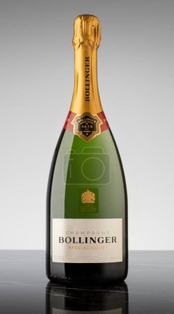 Photo for Ljubljana, Slovenia - October 5th, 2022: A bottle of champagne Bollinger. on glossy marble table - Royalty Free Image