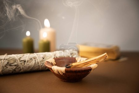 Photo for Palo santo stick with white sage and tarot deck - Royalty Free Image