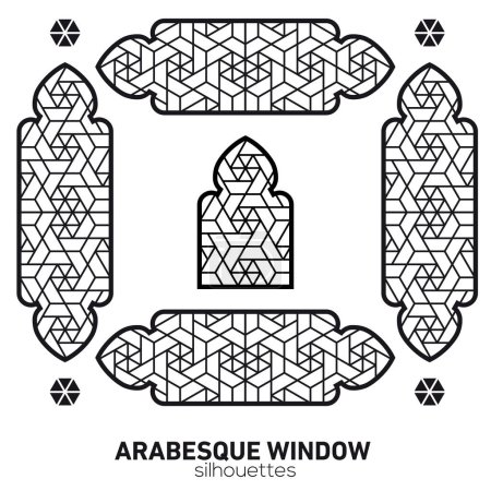 Illustration for Arabesque window silhouettes. Vector symbol traditional islamic arches. Arabic traditional architecture. Ramadan Kareem design element. Geometric Ornament Arabic Pattern. - Royalty Free Image